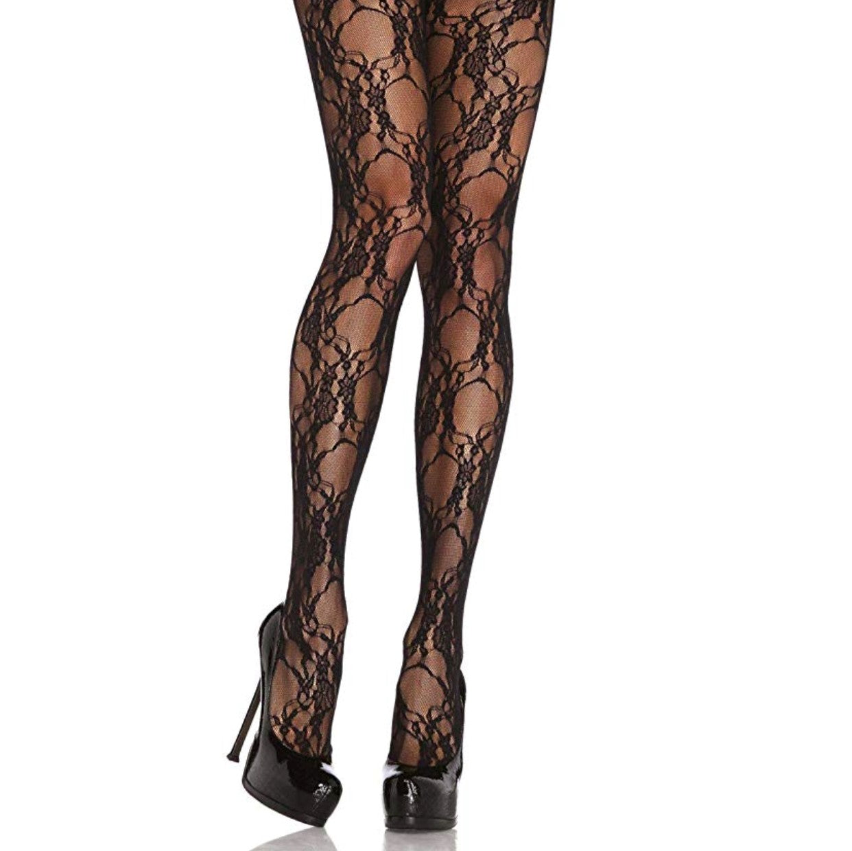 Black Floral Lace Stockings With Lace Top